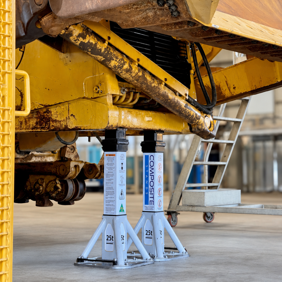 25t Composite Stands supporting a CAT Mining Truck during workshop assembly