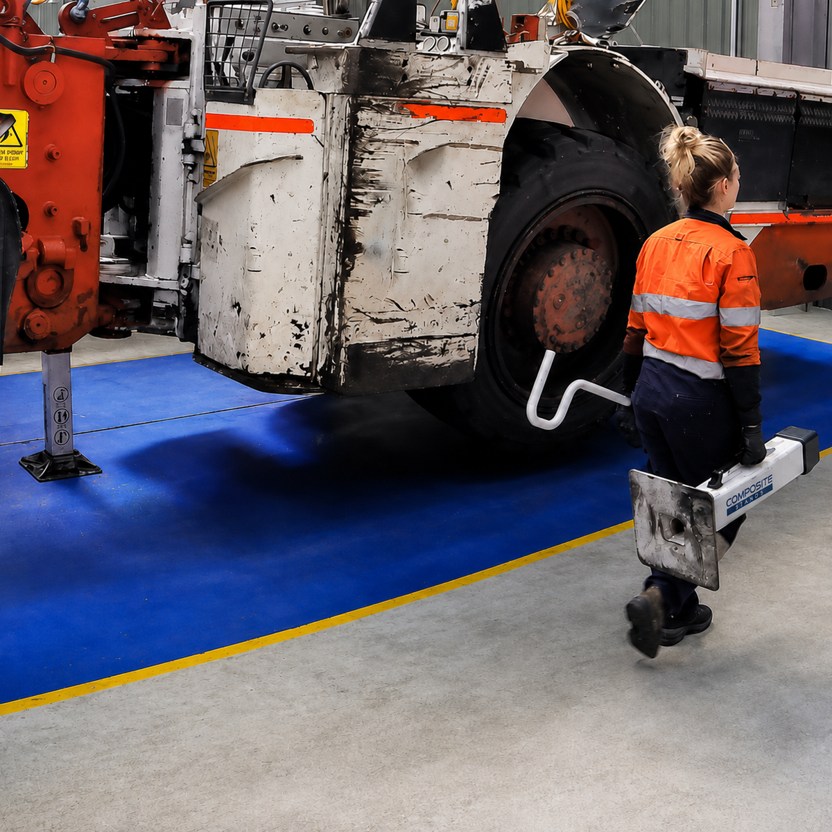 Technician carrying a 25t Composite Support Stand with a placement hook beside a Sandvik Eimco LHD