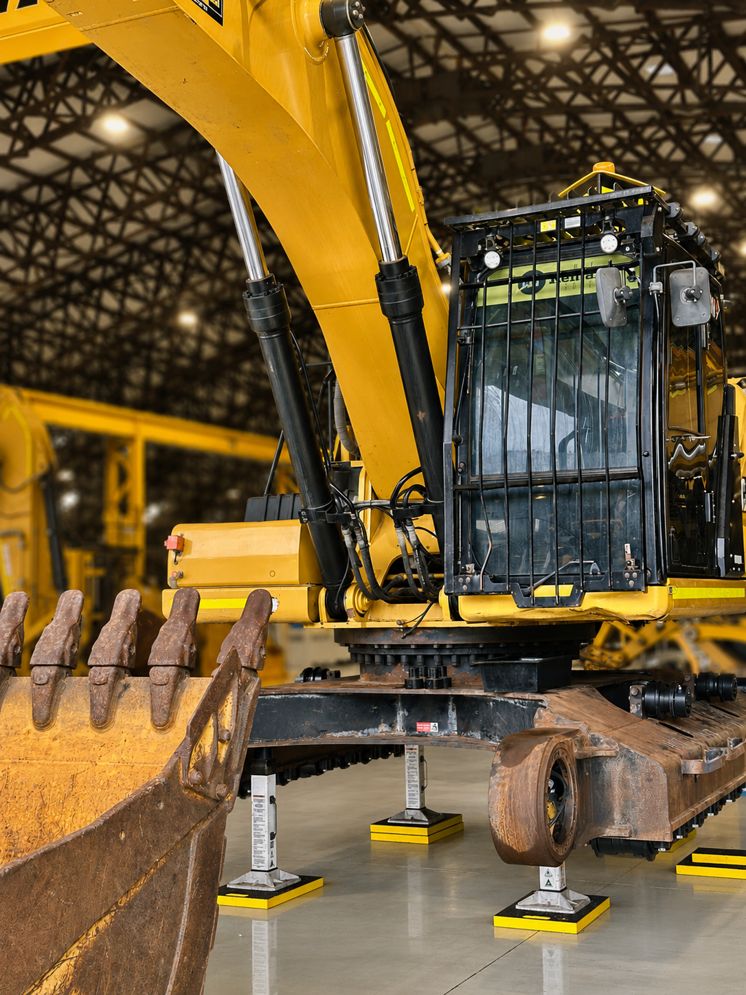 Excavator supported by 25t Composite Support Stands during workshop maintenance