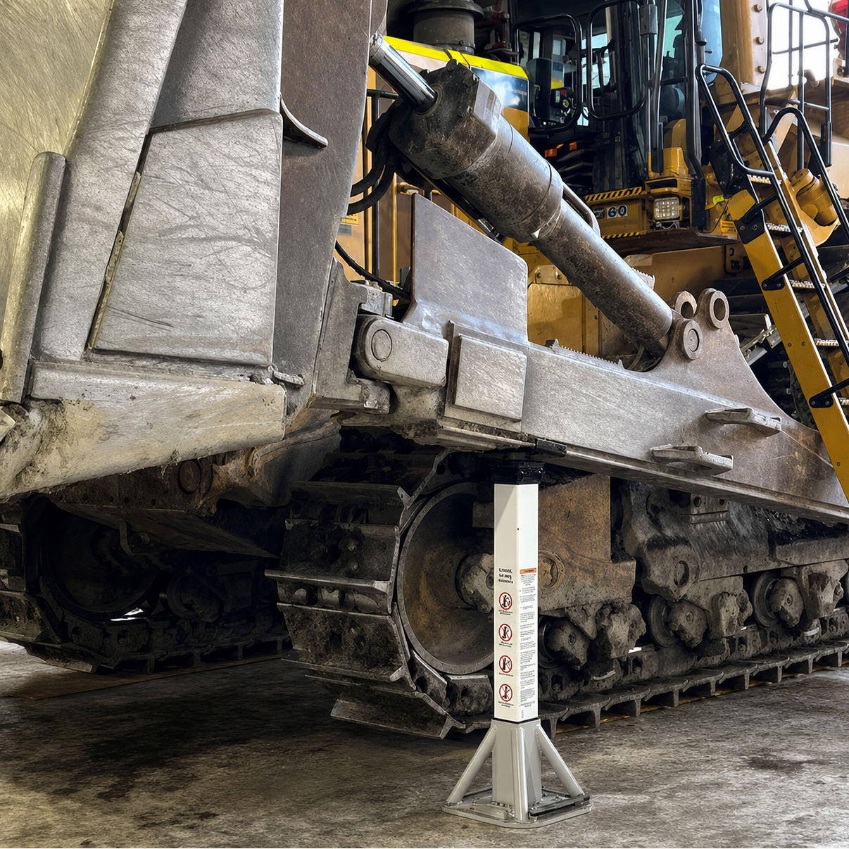 Composite Support Stand supporting a Caterpillar dozer blade during workshop maintenance