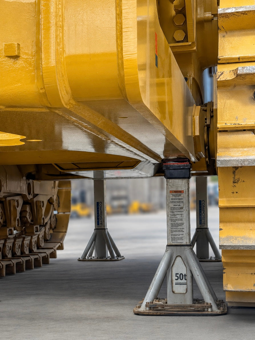 CAT dozer supported by 50t Composite Support Stands during workshop maintenance