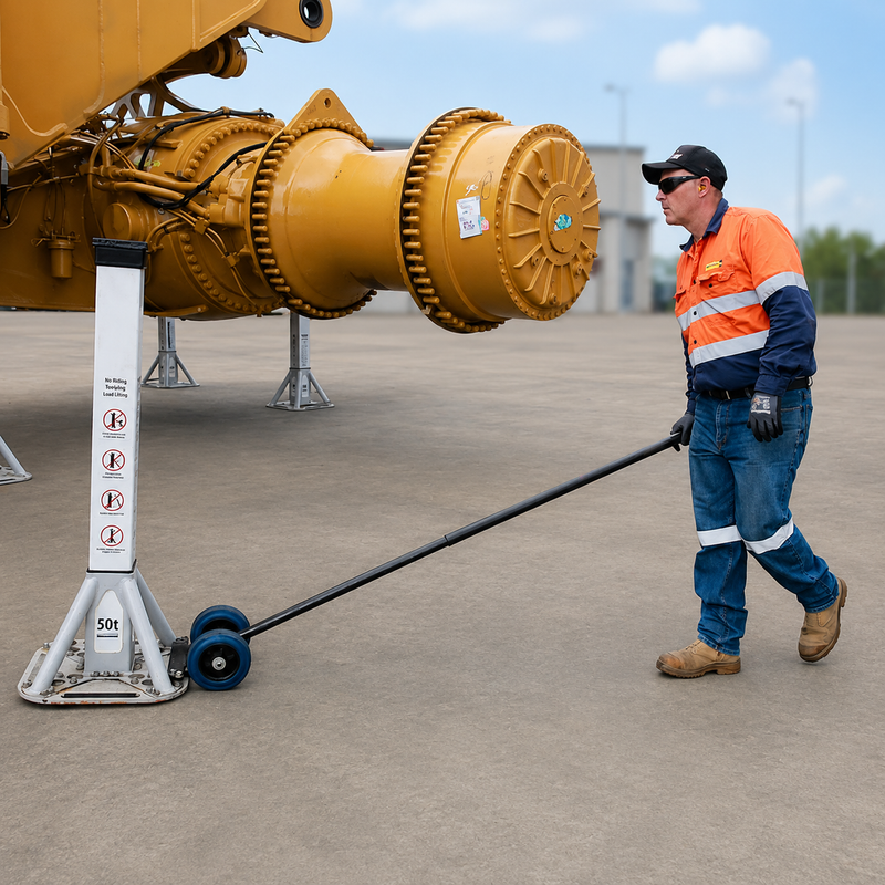 Technician using a placement trolley to position a 50t Composite Support Stand under a CAT 796 mining truck chassis