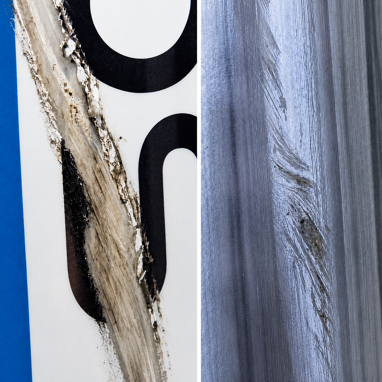 Composite Support Stand column showing exposed composite material after label removal for damage assessment