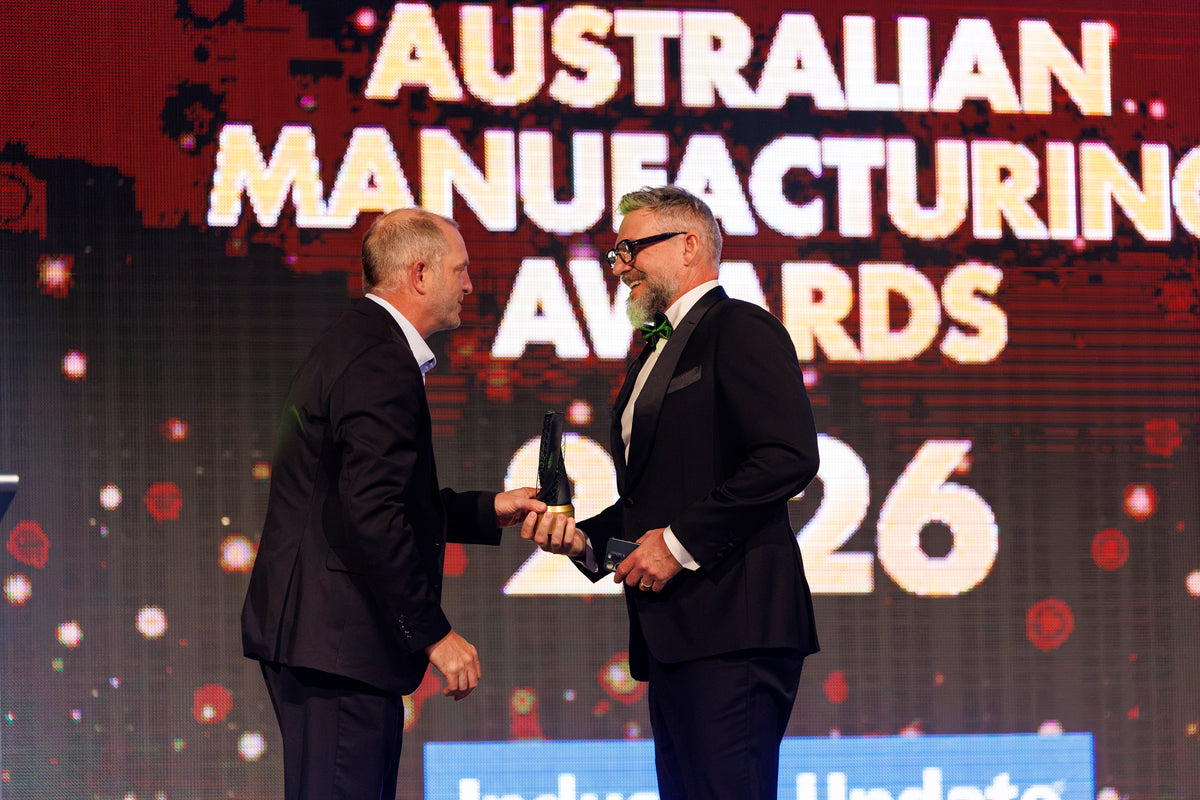 Mathew Dow accepting the Gold Award for Excellence in Manufacturing, Male at the 2026 Australian Manufacturing Awards.