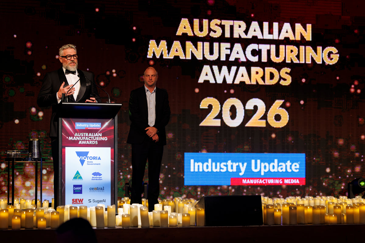 Mathew Dow accepting the Gold Award for Excellence in Manufacturing, Male at the 2026 Australian Manufacturing Awards.