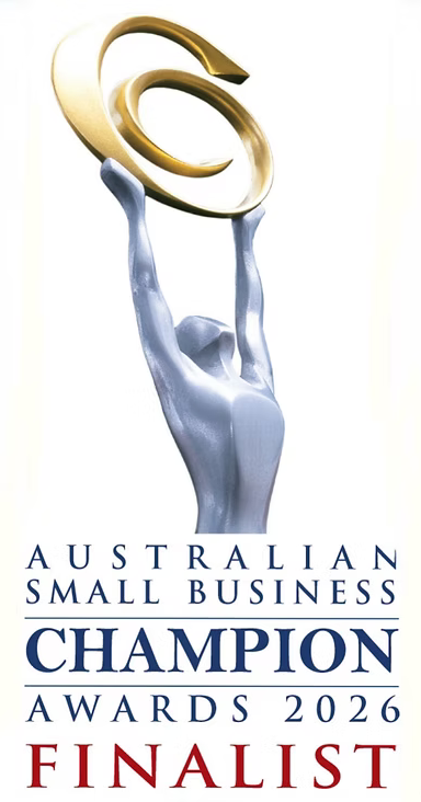 Logo for the Australian Small Business Champion Awards 2026 Finalist featuring a hand holding a gold award.