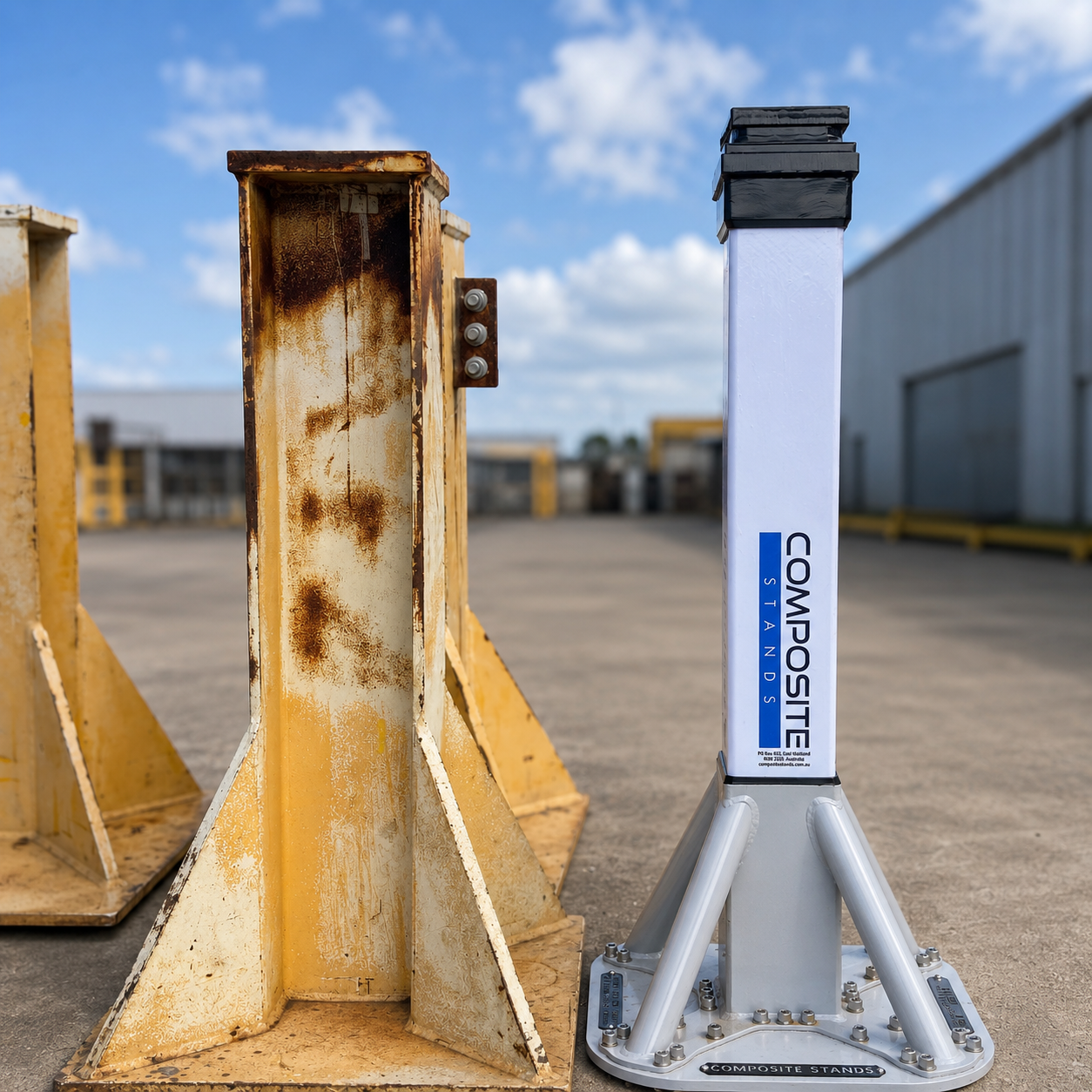Composite Stand shown beside a traditional steel support stand for comparison